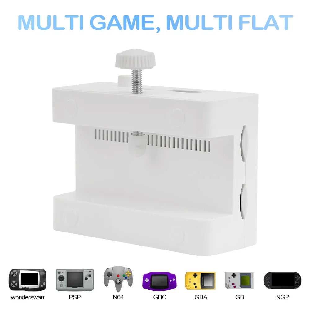 White multi-game console with compatibility logos on a white background