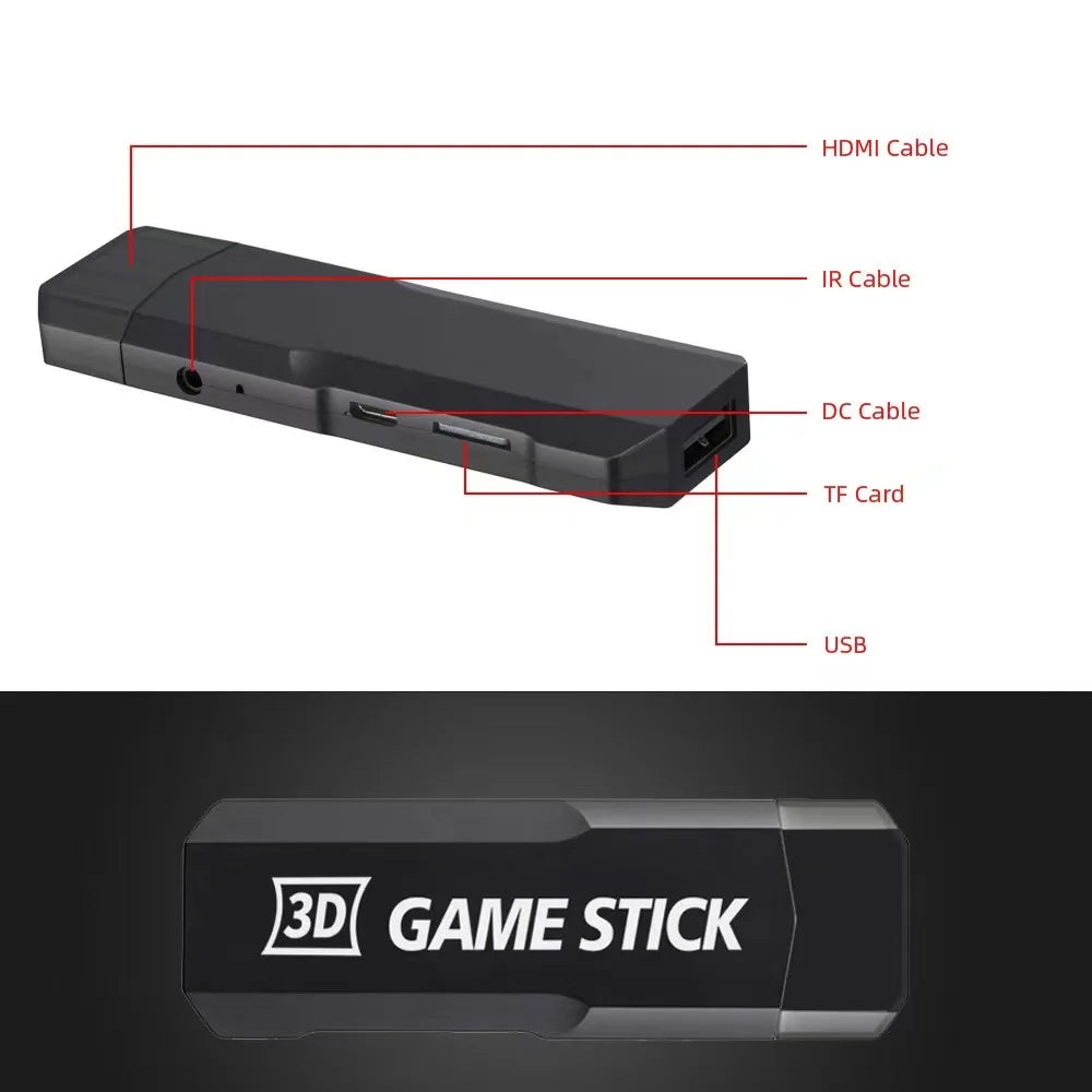 Black game stick with labeled ports on a white background, followed by a close-up of the '3D Game Stick' logo.