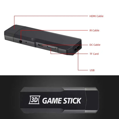Black game stick with labeled ports on a white background, followed by a close-up of the '3D Game Stick' logo.