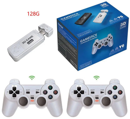 Gamestick console with controllers and packaging on a white background