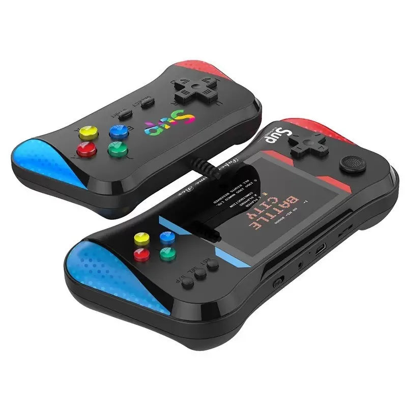 Pair of handheld gaming consoles with colorful buttons on a white background
