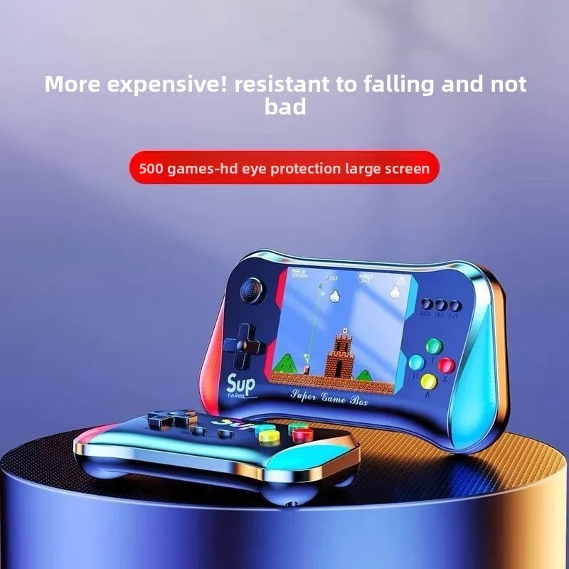 Handheld gaming console with colorful display on a purple background