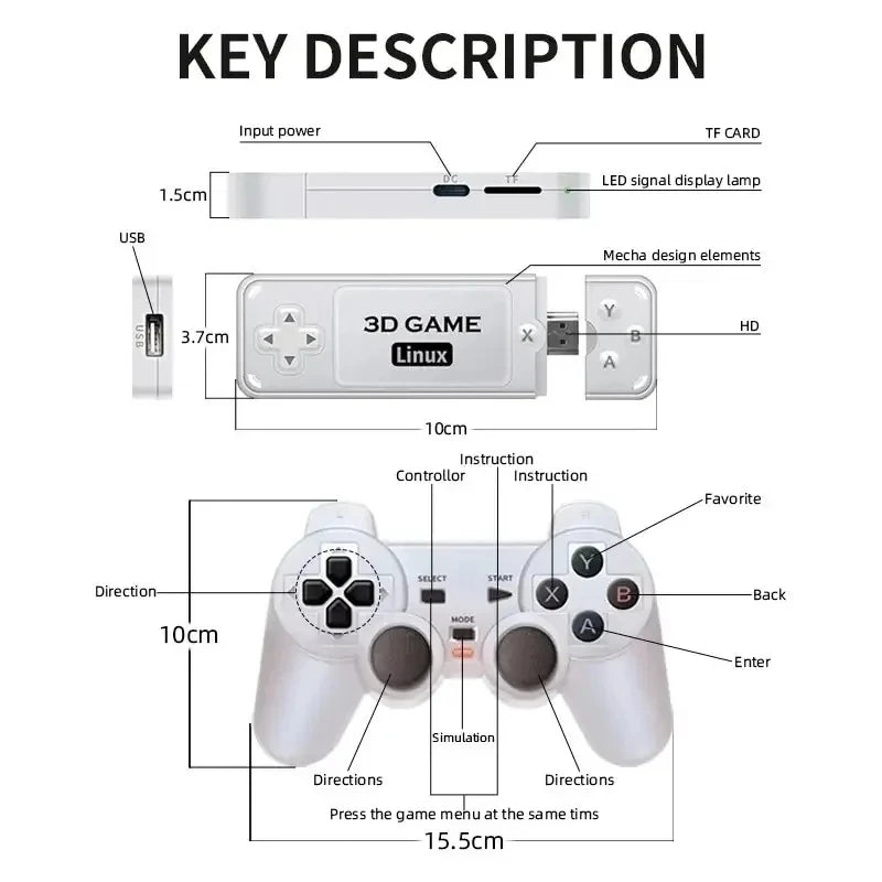 Diagram of a 3D game console with labeled parts and dimensions.
