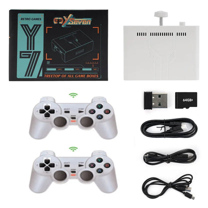 Collection of gaming accessories including controllers, USB cable, and game console on a white background.