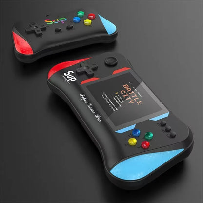 Handheld game console with colorful buttons on a dark background