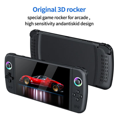 Black game console with 3D rocker and screen displaying a red car, on a white background.